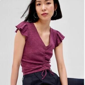 Gap Essential Rib Ruched T-Shirt Dry Rose Pink Short Flutter Sleeves size XL Top